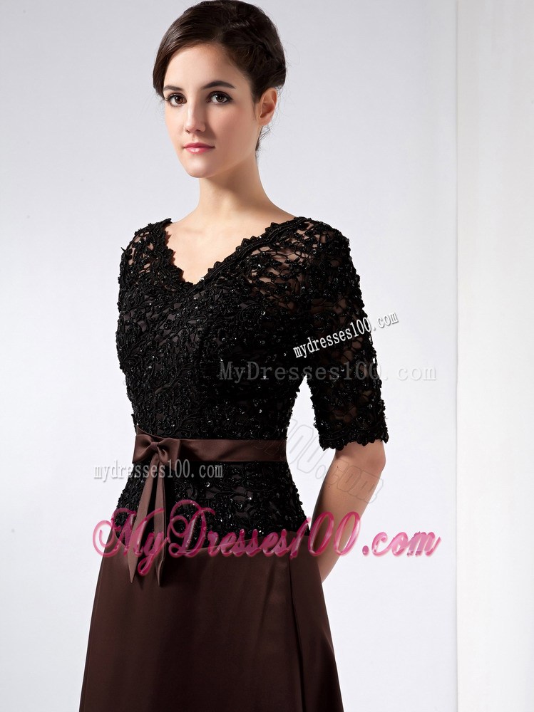 Brown V-neck Ankle-length Lace Beading Mother of the Bride Dress