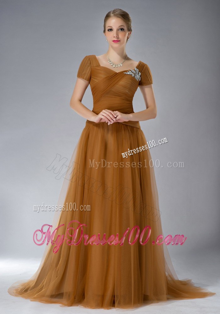 Brown Empire Square Brush Train Tulle Appliques Mother Dress