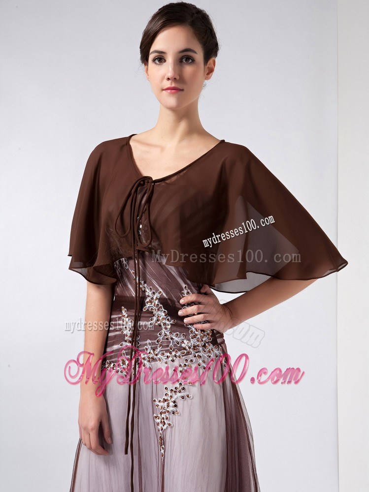 Brown and White Column V-neck Ankle-length Chiffon and Tulle Beading Mother Of The Bride Dress