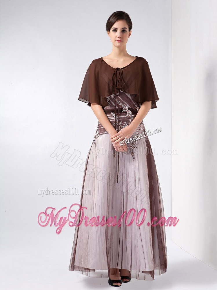 Brown and White Column V-neck Ankle-length Chiffon and Tulle Beading Mother Of The Bride Dress