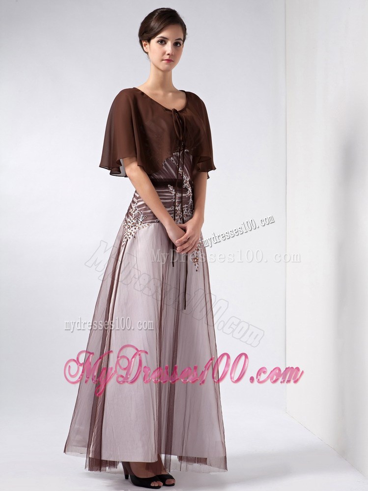 Brown and White Column V-neck Ankle-length Chiffon and Tulle Beading Mother Of The Bride Dress