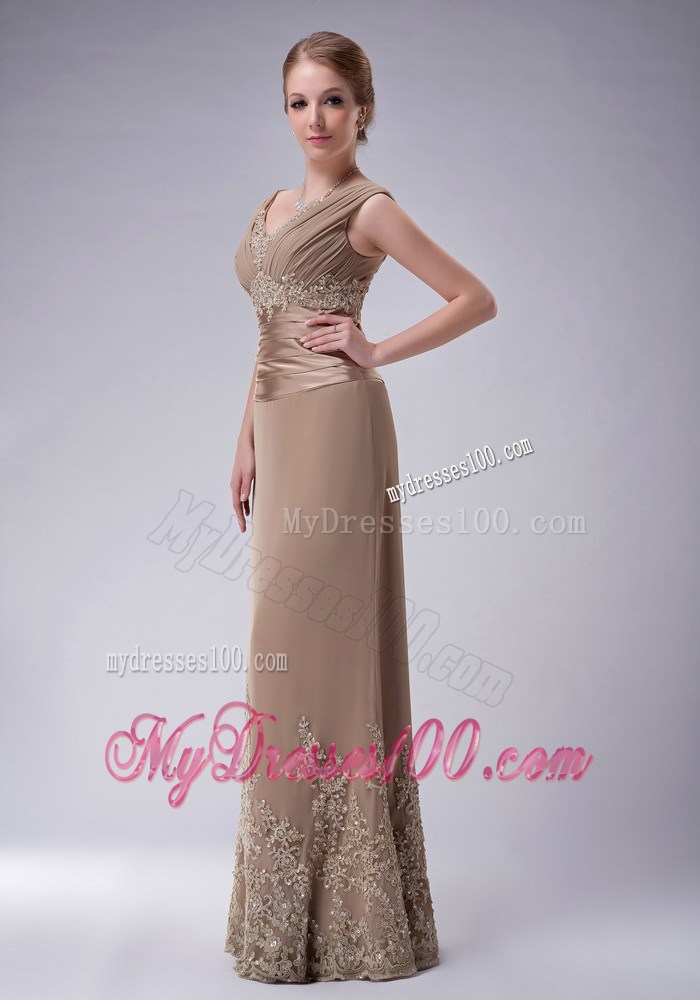 Champagne Column V-neck Floor-length Appliques Mother Bride Dress