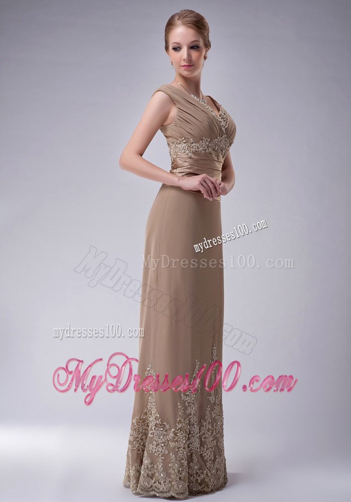 Champagne Column V-neck Floor-length Appliques Mother Bride Dress