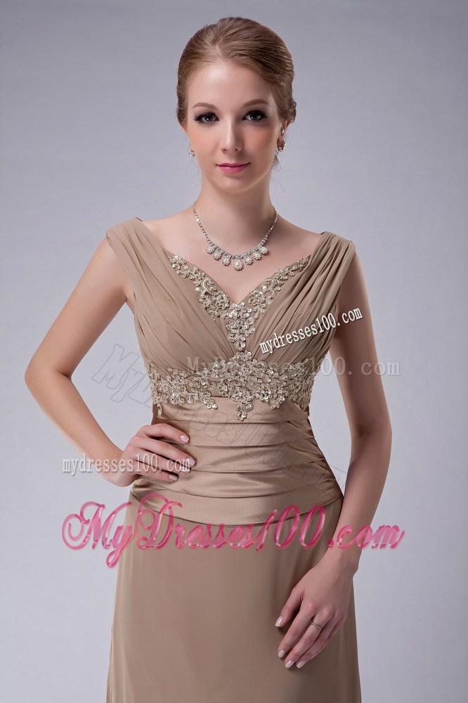 Champagne Column V-neck Floor-length Appliques Mother Bride Dress