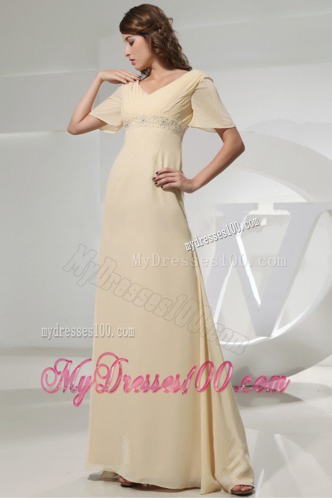 Champagne Mother Of The Bride Dress With Short Sleeves and Beading