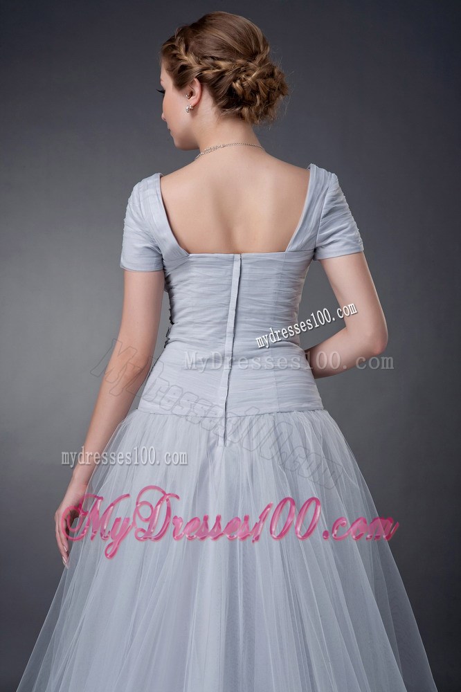 Gray Square Brush Train Tulle Appliques Mother Bride Dress