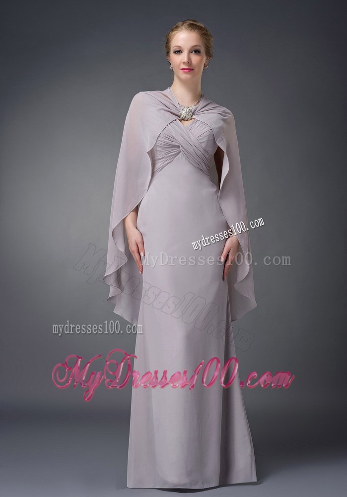 Grey Column V-neck Floor-length Ruche Mother of the Bride Dress