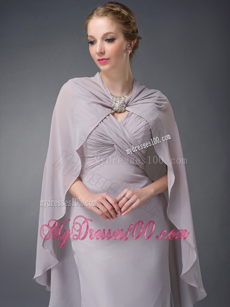 Grey Column V-neck Floor-length Ruche Mother of the Bride Dress