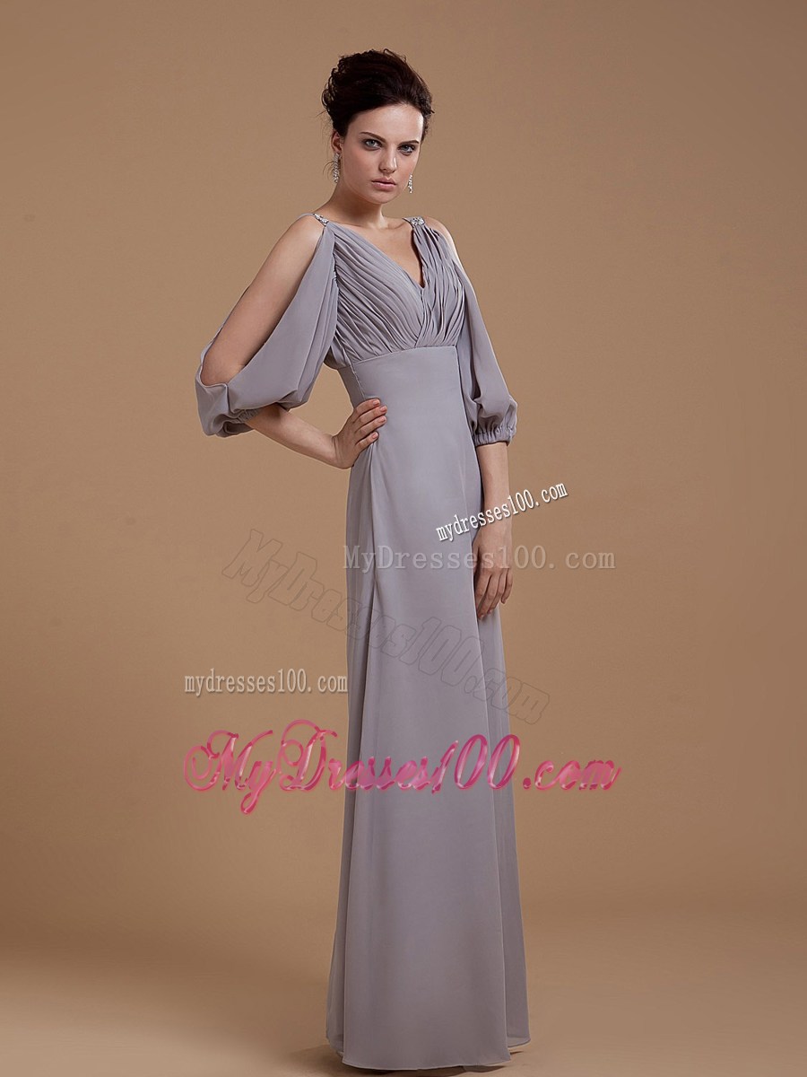 Grey Mother Bride Dress with V-neck 3 4 Length Sleeves Floor-length