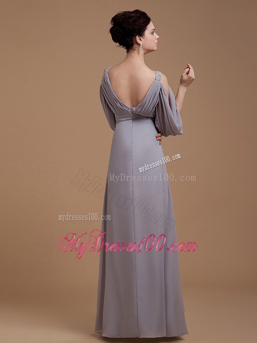 Grey Mother Bride Dress with V-neck 3 4 Length Sleeves Floor-length