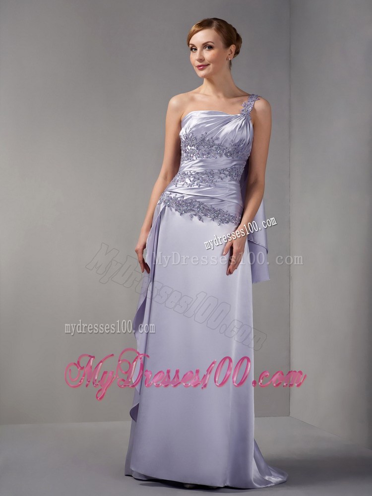 Lilac Column One Shoulder Brush Train Appliques Mother Dress