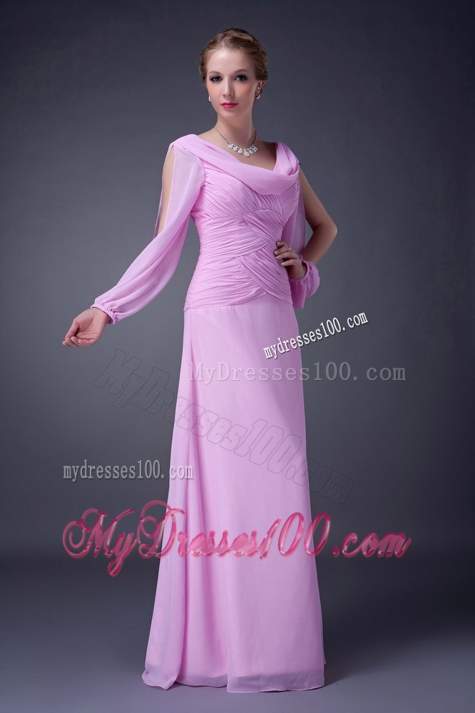 Pink Empire V-neck Ruching Mother of Bride Dress with Cutout Sleeves