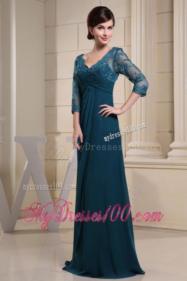 V-neck and 3/4 Sleeves For Mother Of The Bride Dress With Lace