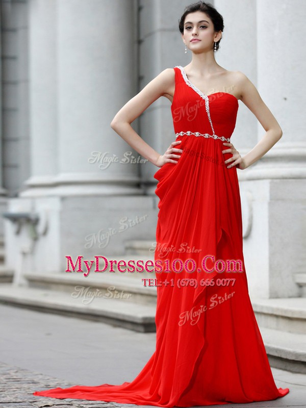 Fabulous One Shoulder Sleeveless Brush Train Zipper Prom Dress Red Chiffon