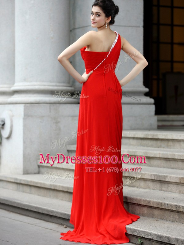 Fabulous One Shoulder Sleeveless Brush Train Zipper Prom Dress Red Chiffon