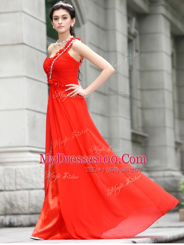 Glamorous One Shoulder Sleeveless Evening Dress Floor Length Beading and Hand Made Flower Coral Red Chiffon