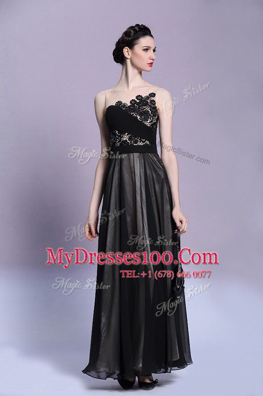 Scoop Sleeveless Chiffon Ankle Length Side Zipper Prom Dresses in Black with Appliques