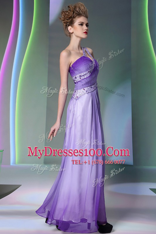 Fashion Lavender One Shoulder Neckline Beading and Ruching Prom Party Dress Sleeveless Side Zipper