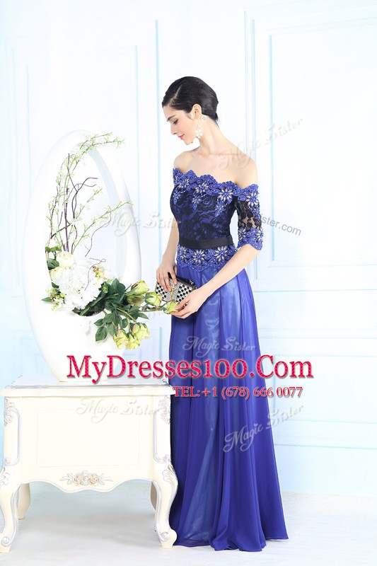 Blue Prom Evening Gown Prom and Party and For with Beading and Appliques Scalloped Half Sleeves Zipper