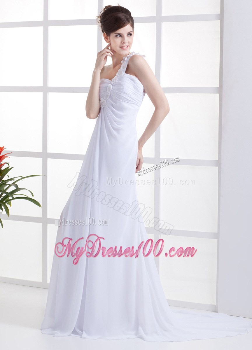 Hand Made Flowers One Shoulder White High Slit Prom Dress