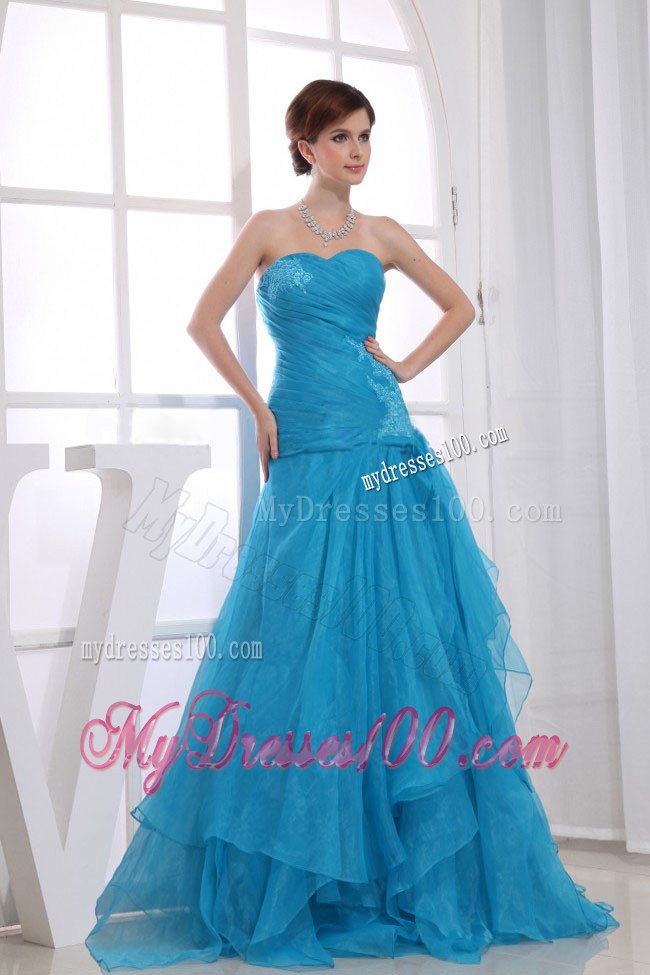 Blue Floor-length Ruched and Appliques Sweetheart Prom Dress