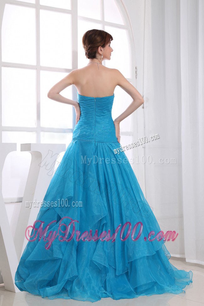 Blue Floor-length Ruched and Appliques Sweetheart Prom Dress