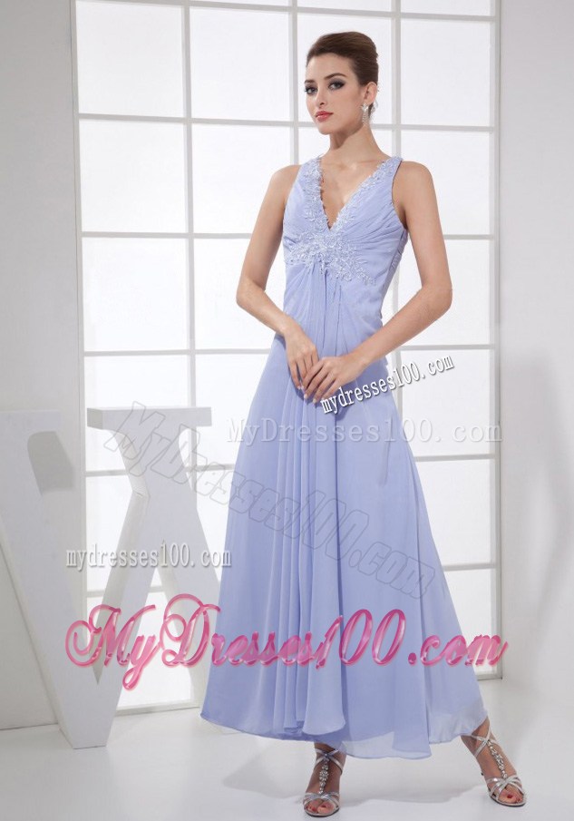 Appliques V-neck Lilac Ankle-length Criss Cross 2013 Prom Dress