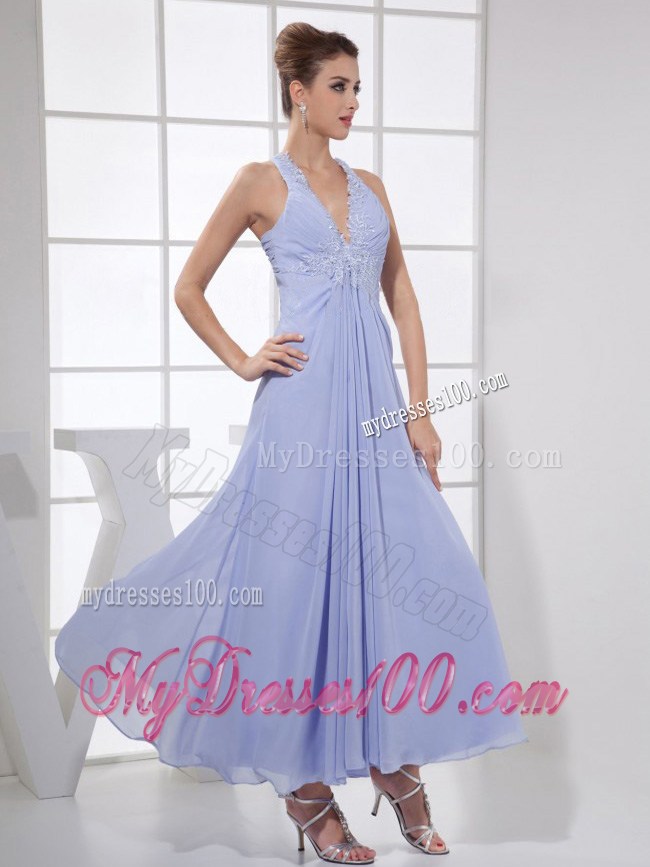 Appliques V-neck Lilac Ankle-length Criss Cross 2013 Prom Dress