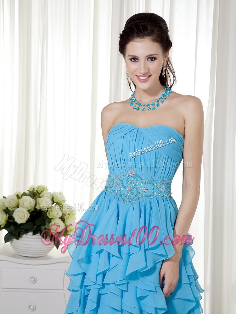 Aqua Blue Strapless Prom Dress with Beading and Ruffles Layered