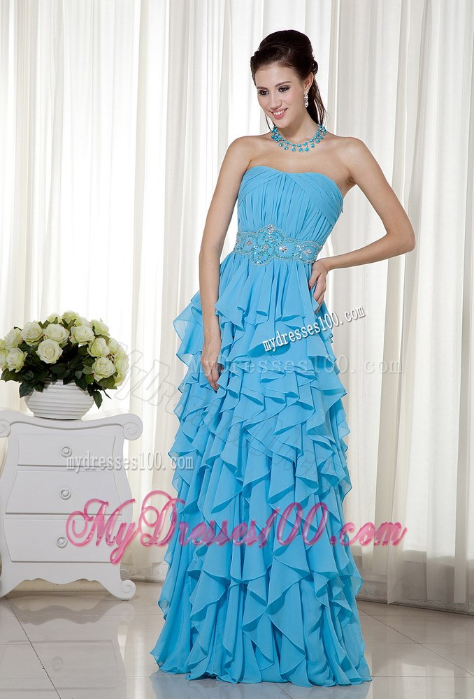 Aqua Blue Strapless Prom Dress with Beading and Ruffles Layered