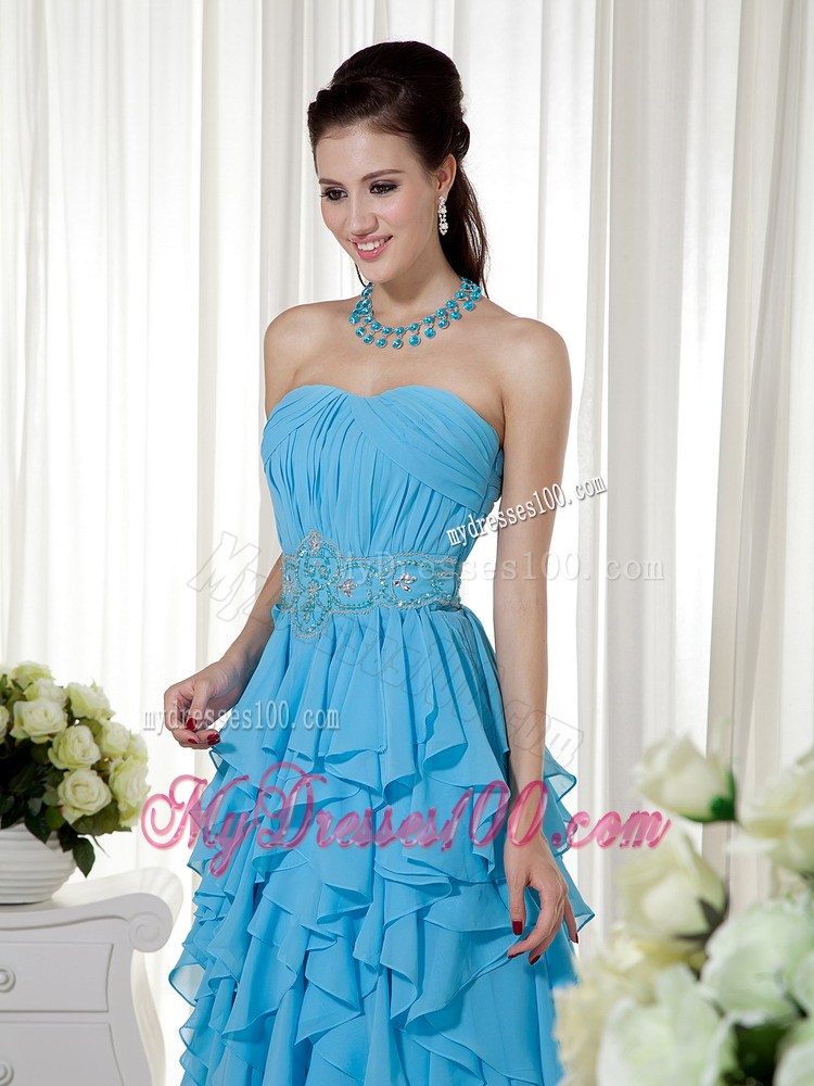 Aqua Blue Strapless Prom Dress with Beading and Ruffles Layered