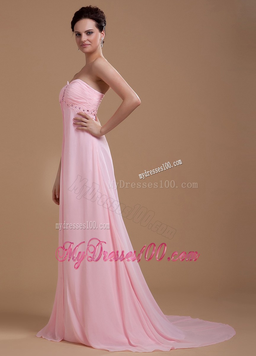 Beaded Sweetheart Baby Pink Prom Pageant Dress With Court Train