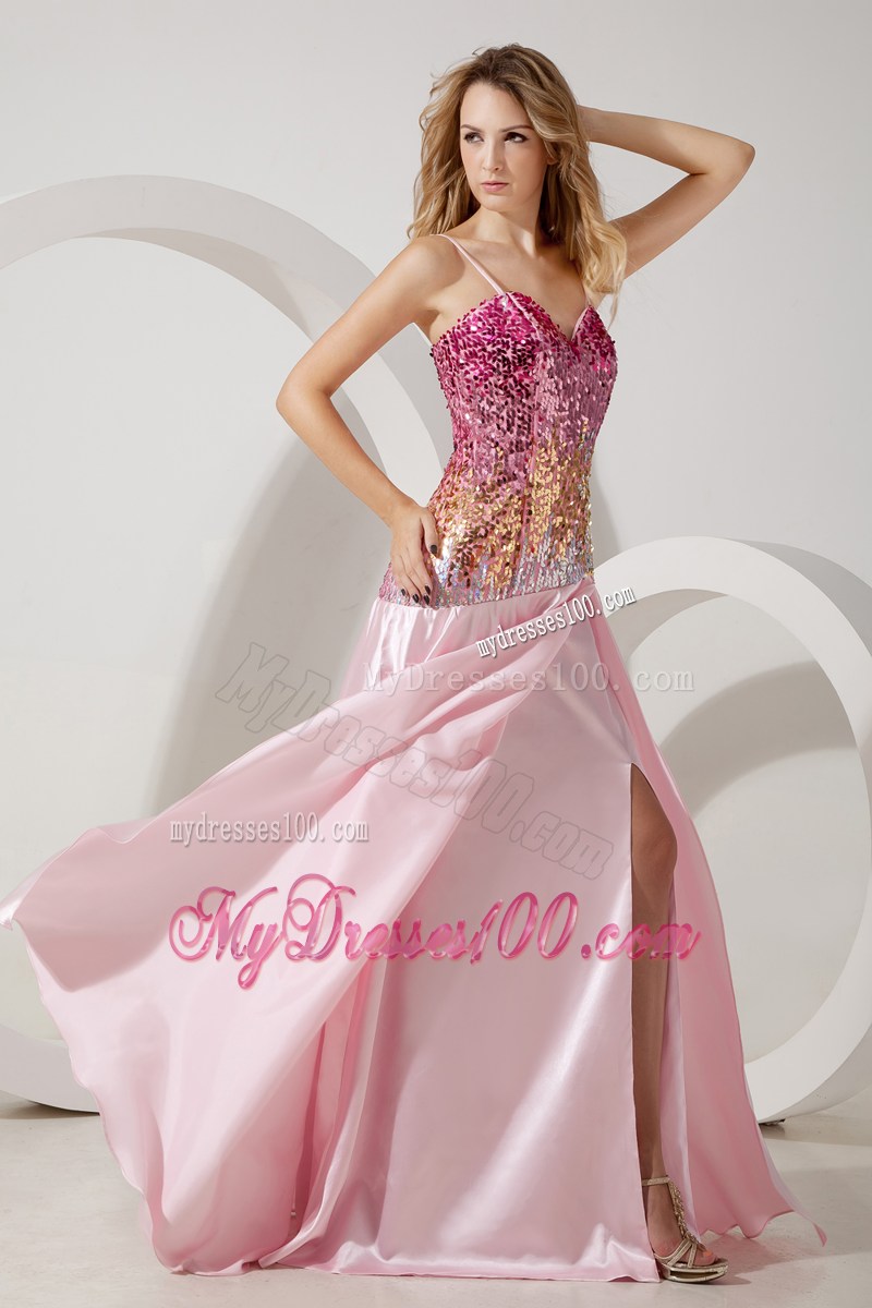 Baby Pink Empire Sequin Straps Prom Dress with Brush Train