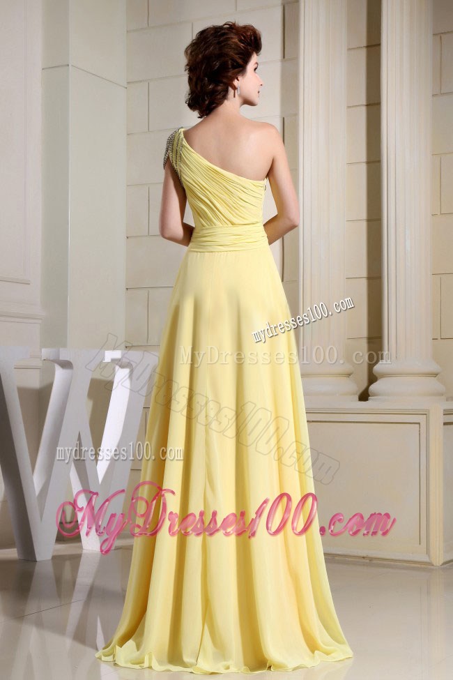 Beaded Decorate One Shoulder For Yellow Simple Prom Dress