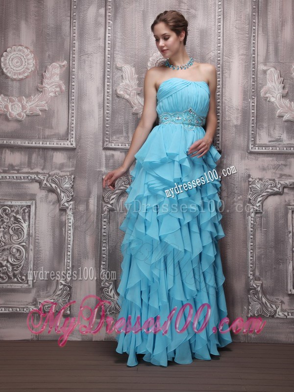 Aqua Blue Strapless Floor-length Beading and Ruffles Prom Dress