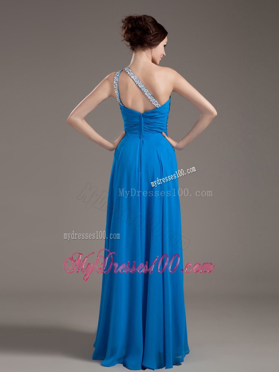 One Shoulder Blue 2013 Prom Dress with Beaded Decorate Bodice