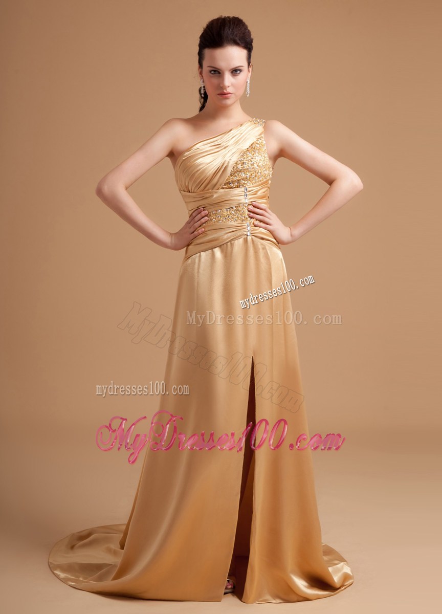 Beaded Decorate One Shoulder High Slit Champagne Prom Dress