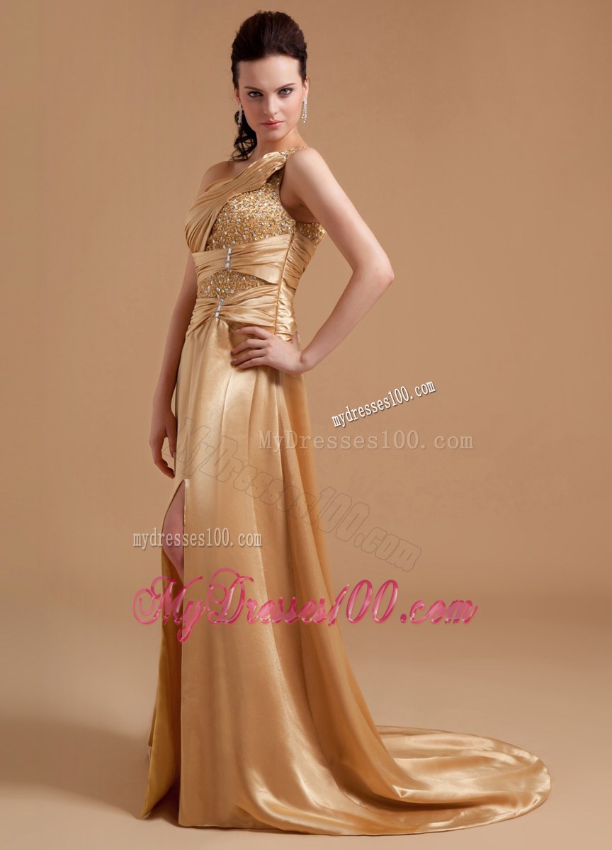 Beaded Decorate One Shoulder High Slit Champagne Prom Dress