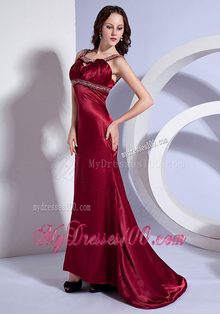 Beaded Decorate Bodice Straps Burgundy Brush Train Prom Dress