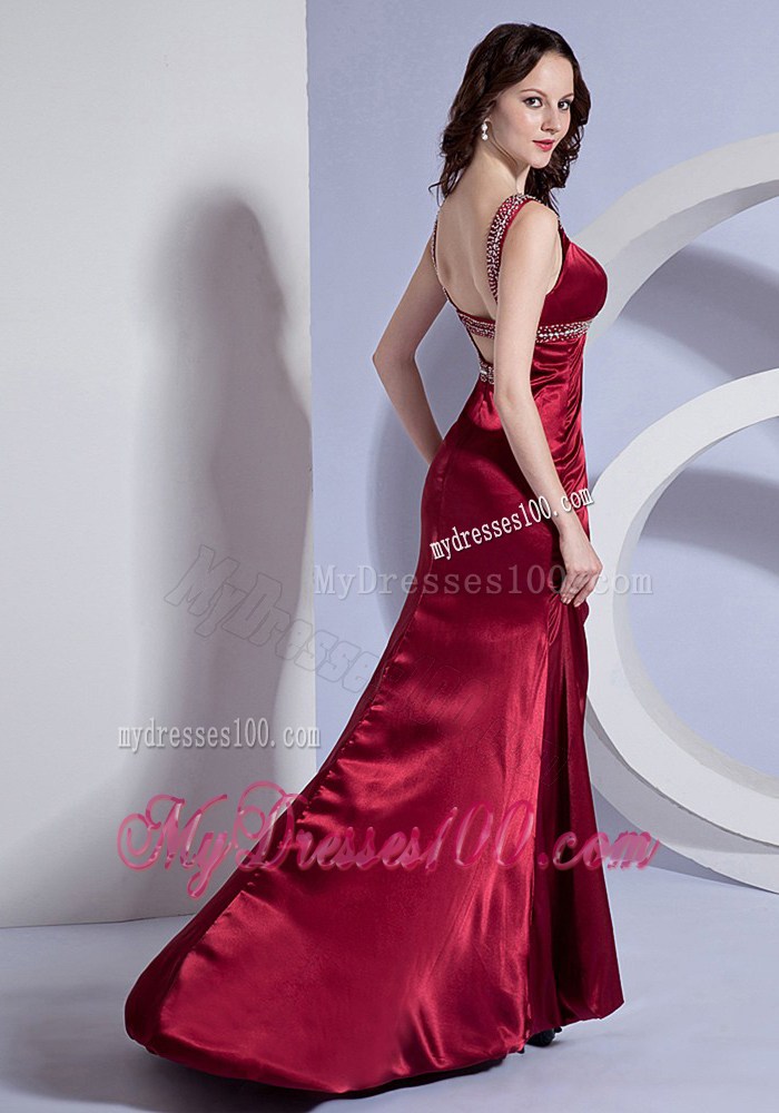 Beaded Decorate Bodice Straps Burgundy Brush Train Prom Dress