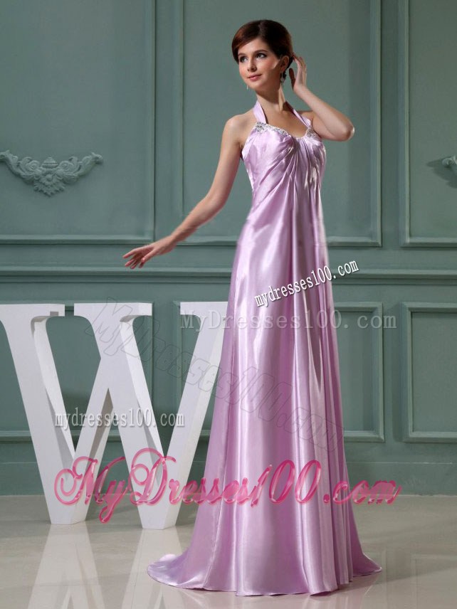 2013 Beading Halter Lavender Empire Prom Dress with Brush Train