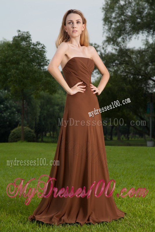 Strapless Brown Column Ruching Prom Dress with Brush Train