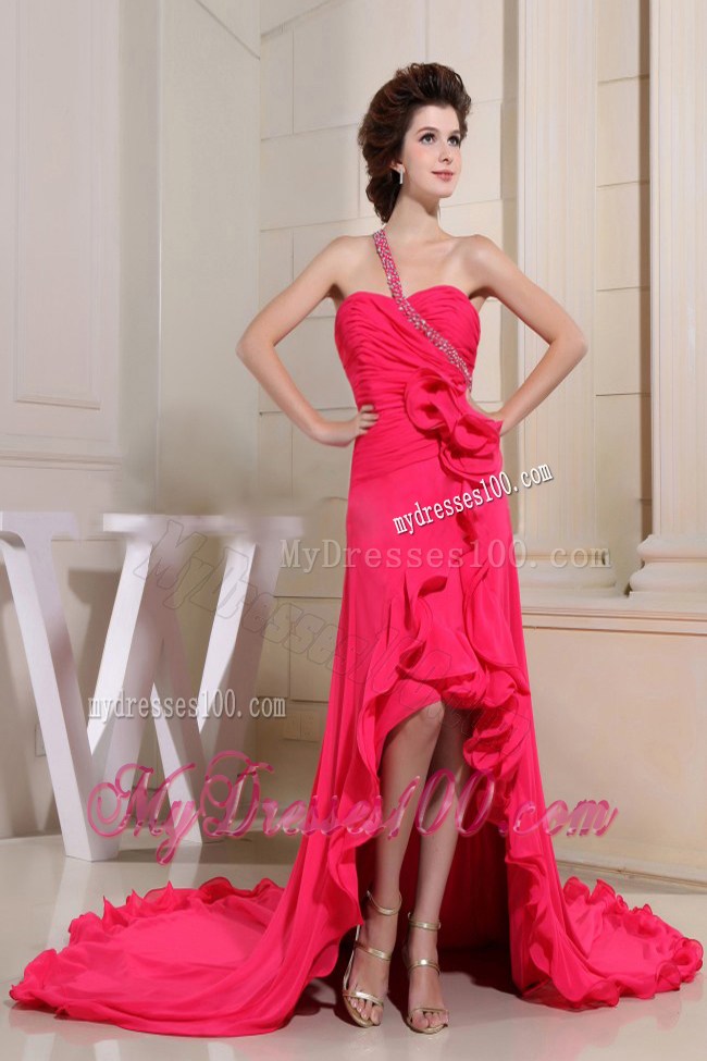 Coral Red Prom Dress With High-low One Shoulder and Hand Made Flowers