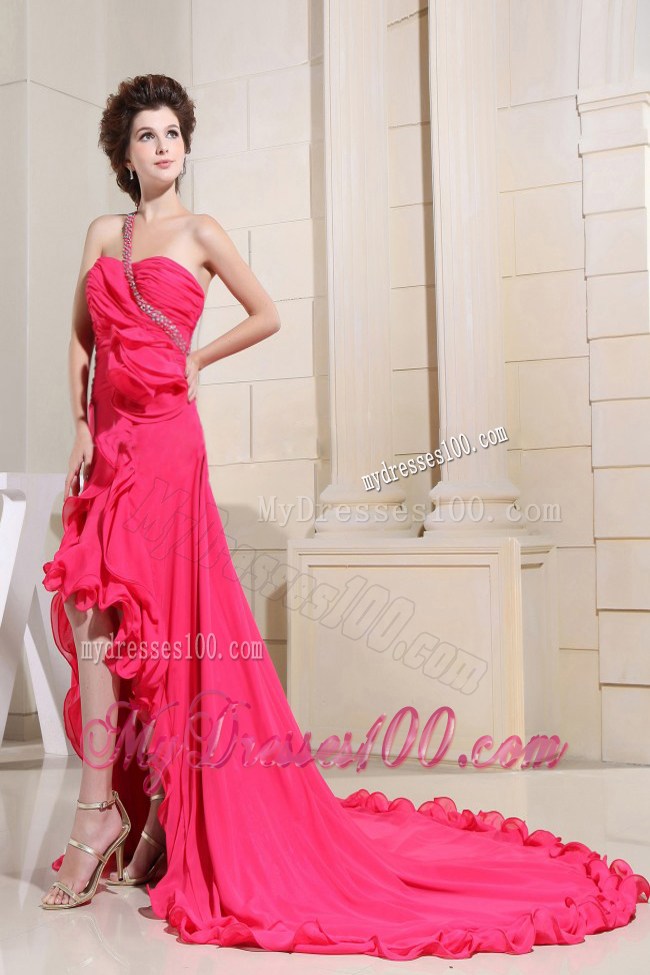 Coral Red Prom Dress With High-low One Shoulder and Hand Made Flowers