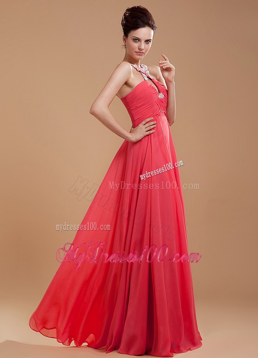 Coral Red Beaded and Appliques Prom Dress With V-neck For Girls