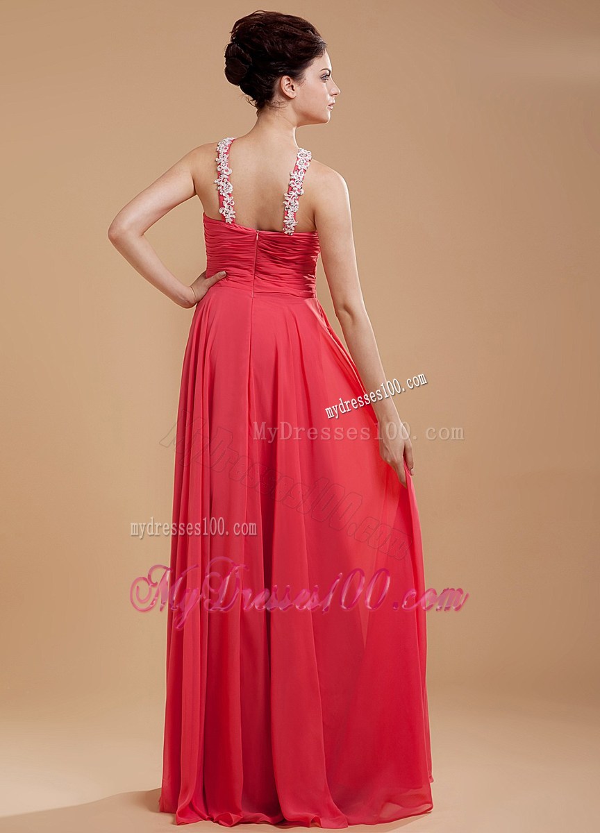 Coral Red Beaded and Appliques Prom Dress With V-neck For Girls