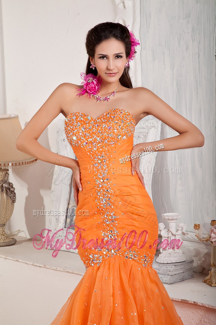 Elegant Orange Mermaid Sweetheart Beading Prom Pageant Dress