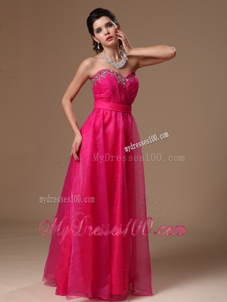 Hot Pink Beaded Empire Sweetheart Custom Made Prom Dress