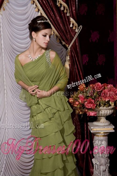 Olive Green Empire One Shoulder Ruffles Layered Prom Dress