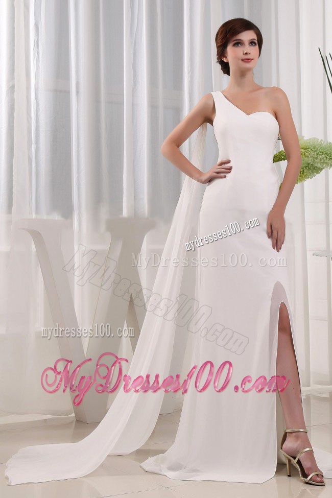 Pretty High Slit and Beading Column Prom Dress With One Shoulder